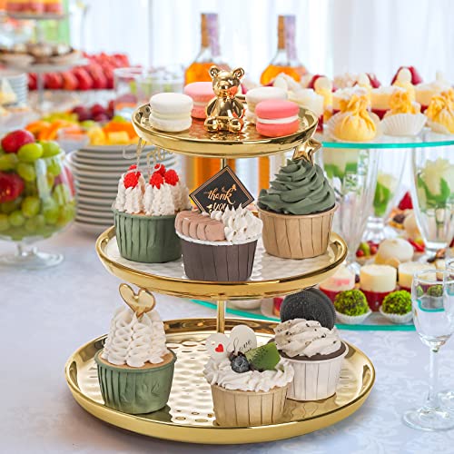Tosnail Set of 2 Porcelain Cupcake Stand, Ceramic Dessert Stand Tiered Serving Trays, 3 Tiers and 2 Tiers Cake Stand Party Serving Trays, Fruit Pastry Holders for Wedding and Party - Gold Bear Rod
