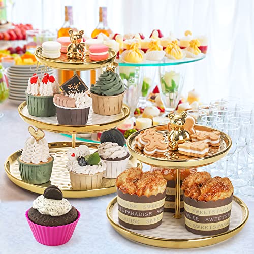 Tosnail Set of 2 Porcelain Cupcake Stand, Ceramic Dessert Stand Tiered Serving Trays, 3 Tiers and 2 Tiers Cake Stand Party Serving Trays, Fruit Pastry Holders for Wedding and Party - Gold Bear Rod