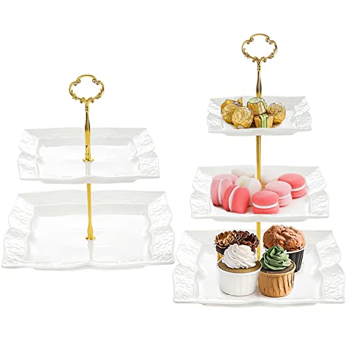 ZEAYEA Set of 2 Ceramic Cupcake Stand, 3 Tier and 2 Tier Porcelain Tiered Cake Stand, White Embossed Dessert Stand, Pastry Serving Tray for Tea Party, Wedding, Birthday