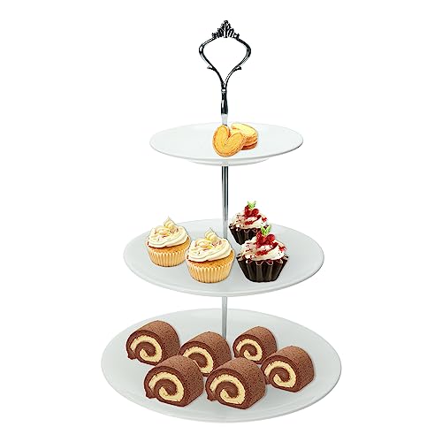 Erfo 3-Tier Ceramic Cake Stand, Round Pastry Cupcake Stand, White Dessert Serving Tray Platter Elegant Serving Rack with Silver Handle Great for Tea Party, Weddings, Birthday (ZY-0140)