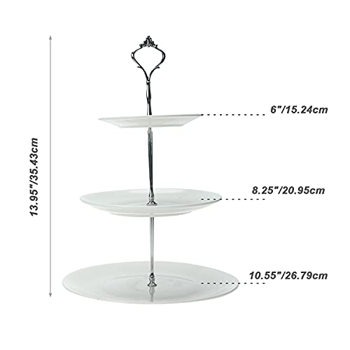 Erfo 3-Tier Ceramic Cake Stand, Round Pastry Cupcake Stand, White Dessert Serving Tray Platter Elegant Serving Rack with Silver Handle Great for Tea Party, Weddings, Birthday (ZY-0140)