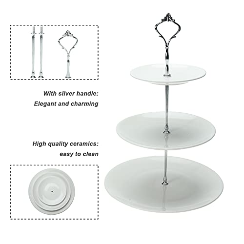 Erfo 3-Tier Ceramic Cake Stand, Round Pastry Cupcake Stand, White Dessert Serving Tray Platter Elegant Serving Rack with Silver Handle Great for Tea Party, Weddings, Birthday (ZY-0140)