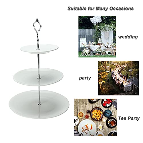Erfo 3-Tier Ceramic Cake Stand, Round Pastry Cupcake Stand, White Dessert Serving Tray Platter Elegant Serving Rack with Silver Handle Great for Tea Party, Weddings, Birthday (ZY-0140)