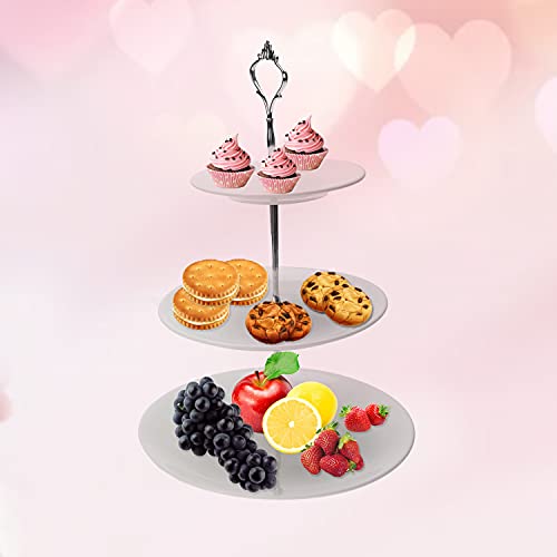 Erfo 3-Tier Ceramic Cake Stand, Round Pastry Cupcake Stand, White Dessert Serving Tray Platter Elegant Serving Rack with Silver Handle Great for Tea Party, Weddings, Birthday (ZY-0140)