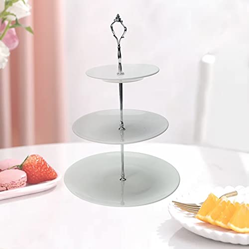 Erfo 3-Tier Ceramic Cake Stand, Round Pastry Cupcake Stand, White Dessert Serving Tray Platter Elegant Serving Rack with Silver Handle Great for Tea Party, Weddings, Birthday (ZY-0140)