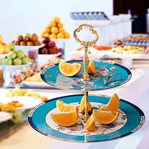 ACMLIFE Porcelain Cake Stand Ceramic Cupcake Stand with Blue Dessert Platters 2 Tiers, Snacks Desserts Cookies Display Tower Tray Ideal for Afternoon Tea Party, Wedding and Gift (Blue 2 Tiers)
