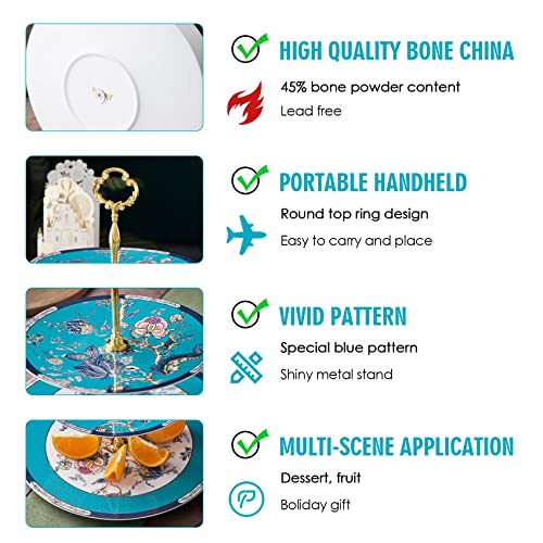 ACMLIFE Porcelain Cake Stand Ceramic Cupcake Stand with Blue Dessert Platters 2 Tiers, Snacks Desserts Cookies Display Tower Tray Ideal for Afternoon Tea Party, Wedding and Gift (Blue 2 Tiers)