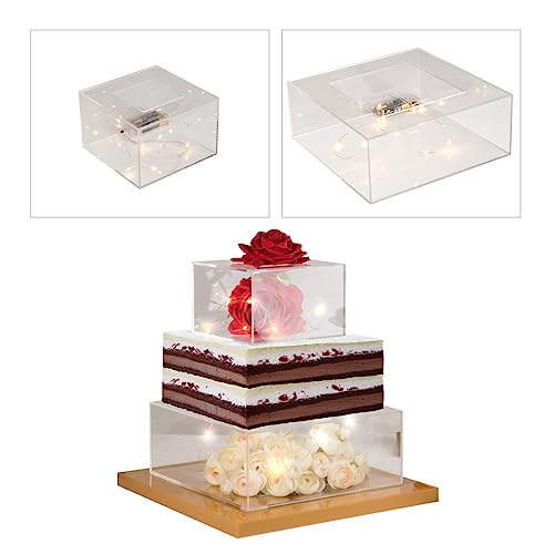 Kcgani Clear Square Acrylic Fillable Cake Stand with Lid, Cupcake Tier Riser Display Box, Decorating Cake Holder Pedestal for Cake Cupcake Dessert Candy Knick-knacks, 10" Dx4 H, 6" Dx4 H, 2pcs