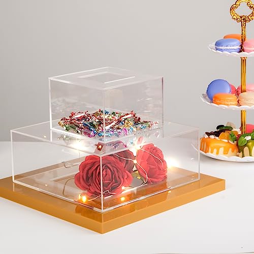 Kcgani Clear Square Acrylic Fillable Cake Stand with Lid, Cupcake Tier Riser Display Box, Decorating Cake Holder Pedestal for Cake Cupcake Dessert Candy Knick-knacks, 10" Dx4 H, 6" Dx4 H, 2pcs