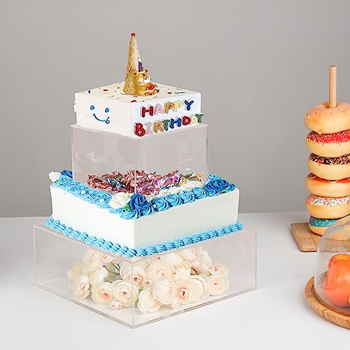 Kcgani Clear Square Acrylic Fillable Cake Stand with Lid, Cupcake Tier Riser Display Box, Decorating Cake Holder Pedestal for Cake Cupcake Dessert Candy Knick-knacks, 10" Dx4 H, 6" Dx4 H, 2pcs