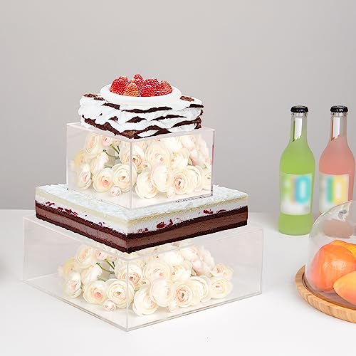 Kcgani Clear Square Acrylic Fillable Cake Stand with Lid, Cupcake Tier Riser Display Box, Decorating Cake Holder Pedestal for Cake Cupcake Dessert Candy Knick-knacks, 10" Dx4 H, 6" Dx4 H, 2pcs