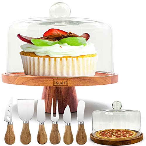 Ikuart Cake Stand and 6pcs Cheese Knife Set, Cake Plate with Glass Dome, Acacia Wood Serving Tray, Covered Platter and Cheese Board for Pastries, Party Treats, Decorative Kitchen Server and Display