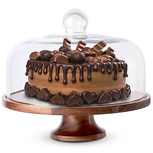 Koala's Home Cake Stand with Glass Dome, Acacia Wood Cake Stand with Glass Lid, Dessert Display, Decorative Kitchen Server, Multi-Purpose Use, Cake Stand