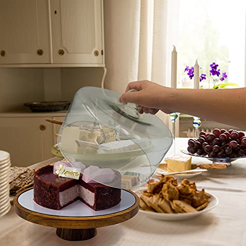 Ikuart Cake Stand and 6pcs Cheese Knife Set, Cake Plate with Glass Dome, Acacia Wood Serving Tray, Covered Platter and Cheese Board for Pastries, Party Treats, Decorative Kitchen Server and Display