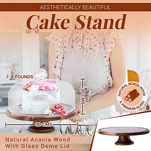 Koala's Home Cake Stand with Glass Dome, Acacia Wood Cake Stand with Glass Lid, Dessert Display, Decorative Kitchen Server, Multi-Purpose Use, Cake Stand