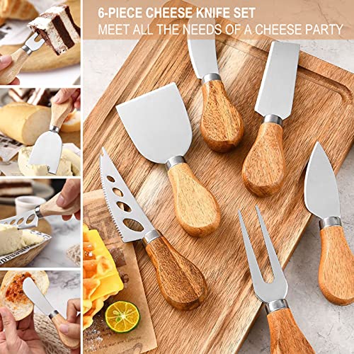 Ikuart Cake Stand and 6pcs Cheese Knife Set, Cake Plate with Glass Dome, Acacia Wood Serving Tray, Covered Platter and Cheese Board for Pastries, Party Treats, Decorative Kitchen Server and Display