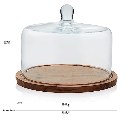 Libbey Acaciawood Flat Round Wood Server Cake Stand with Glass Dome