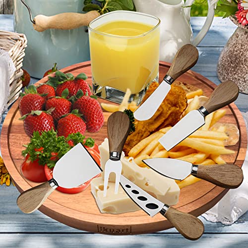 Ikuart Cake Stand and 6pcs Cheese Knife Set, Cake Plate with Glass Dome, Acacia Wood Serving Tray, Covered Platter and Cheese Board for Pastries, Party Treats, Decorative Kitchen Server and Display