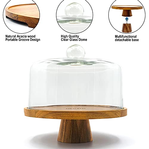 Ikuart Cake Stand and 6pcs Cheese Knife Set, Cake Plate with Glass Dome, Acacia Wood Serving Tray, Covered Platter and Cheese Board for Pastries, Party Treats, Decorative Kitchen Server and Display