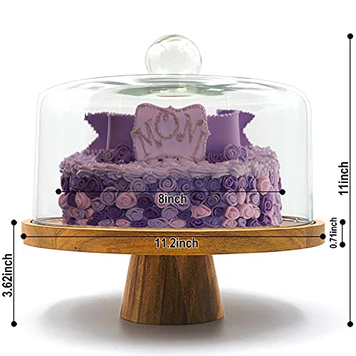 Ikuart Cake Stand and 6pcs Cheese Knife Set, Cake Plate with Glass Dome, Acacia Wood Serving Tray, Covered Platter and Cheese Board for Pastries, Party Treats, Decorative Kitchen Server and Display
