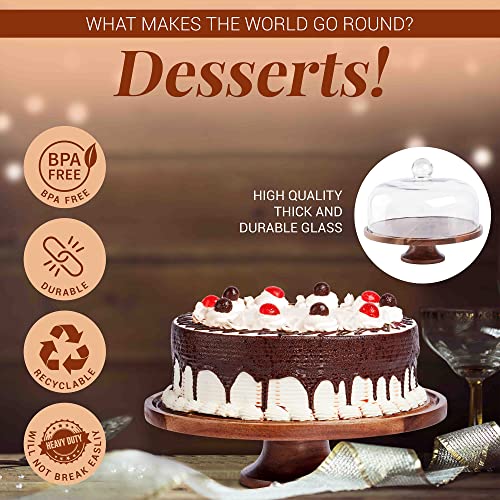 Koala's Home Cake Stand with Glass Dome, Acacia Wood Cake Stand with Glass Lid, Dessert Display, Decorative Kitchen Server, Multi-Purpose Use, Cake Stand
