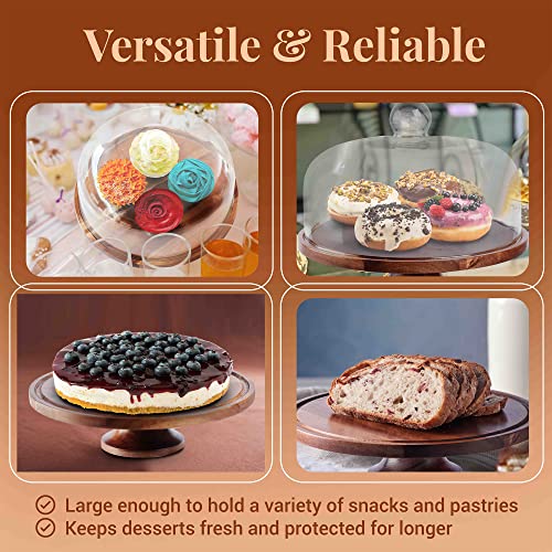 Koala's Home Cake Stand with Glass Dome, Acacia Wood Cake Stand with Glass Lid, Dessert Display, Decorative Kitchen Server, Multi-Purpose Use, Cake Stand