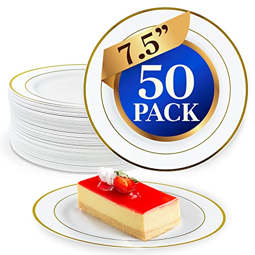 Reli. 50 Pcs Plastic Dessert Plates, Disposable (7.5 inch, White w/Gold Rim) | Plastic Plates for Party, Heavy Duty | Hard Plastic Small Dessert Plates for Wedding, Birthday, Salad/Appetizer (7.5")