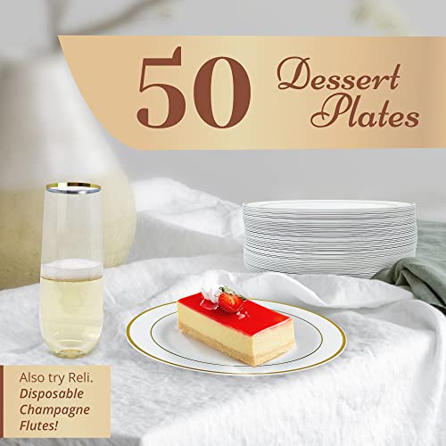 Reli. 50 Pcs Plastic Dessert Plates, Disposable (7.5 inch, White w/Gold Rim) | Plastic Plates for Party, Heavy Duty | Hard Plastic Small Dessert Plates for Wedding, Birthday, Salad/Appetizer (7.5")