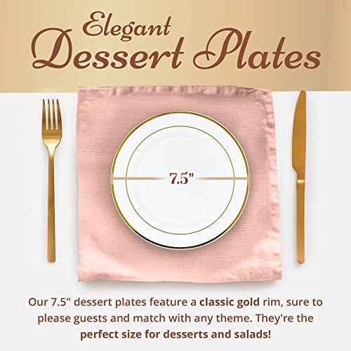Reli. 50 Pcs Plastic Dessert Plates, Disposable (7.5 inch, White w/Gold Rim) | Plastic Plates for Party, Heavy Duty | Hard Plastic Small Dessert Plates for Wedding, Birthday, Salad/Appetizer (7.5")
