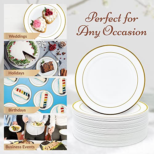 Reli. 50 Pcs Plastic Dessert Plates, Disposable (7.5 inch, White w/Gold Rim) | Plastic Plates for Party, Heavy Duty | Hard Plastic Small Dessert Plates for Wedding, Birthday, Salad/Appetizer (7.5")