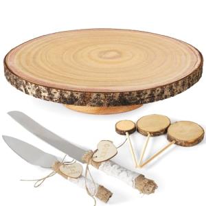 Wood Cake Stand- /w Wooden Slice Cake Topper and Cake Cutting Set, 12” Rustic Wedding Cake Stand, Wooden Cake Stand for Wedding Receptions or Any Special Events