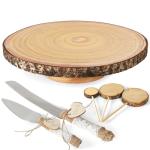 Wood Cake Stand- /w Wooden Slice Cake Topper and Cake Cutting Set, 12” Rustic Wedding Cake Stand, Wooden Cake Stand for Wedding Receptions or Any Special Events