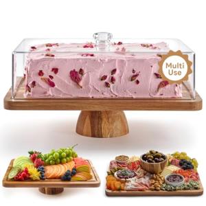 Cake Stand with Acrylic Dome Lid 2-in-1 Multifunctional Rectangular Shatterproof Dessert Table Display Set with Acacia Wood Serving Platter, Veggie Tray, Fruit Bowl, Donut Stand Plate by Homesphere