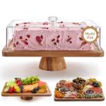 Cake Stand with Acrylic Dome Lid 2-in-1 Multifunctional Rectangular Shatterproof Dessert Table Display Set with Acacia Wood Serving Platter, Veggie Tray, Fruit Bowl, Donut Stand Plate by Homesphere