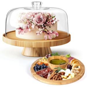MASTERTOP Cake Stand with Dome Cover - 6 in 1 Multi-Functional Serving Platter/Cake Plate/Salad Bowl/Nachos/Punch Bowl, Wedding Cake Stands for Dessert Table,2 pcs Spoons, BPA Free (Acrylic)