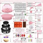 Gawren-H&E Cake Decorating Kit-599 PCS Pink Cake Decorating Supplies with Cake Carrier,Piping Bags and Tips Set,3 Springform Pans,Turntable,Cake Baking Supplies Tools Kit