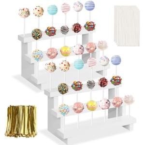 KHayRovies 2 Pcs Wood Cake Pop Display Stand, White Lollipop Holder 3 Tier with Twist Ties Lollipop Sticks, 17 Holes Sucker Storage Rack for Dessert Table of Wedding Birthday Party Christmas Day (A)