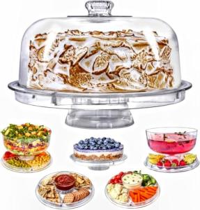 Lillian Tablesettings Cake Stand with Dome Cover, 6-in-1 Multi-Purpose Use, Serving Platter, Punch Bowl, Desert Platter and More, BPA Free, Clear (60220)