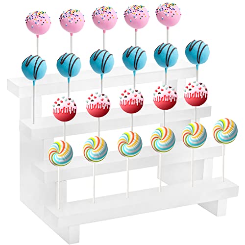 WUWEOT Cake Pop Stand Riser, 22 Holes Wooden Lollipop Holder, 4 Tier White Candy Sucker Display Shelf for Dessert Table of Wedding, Shower, Birthday Party