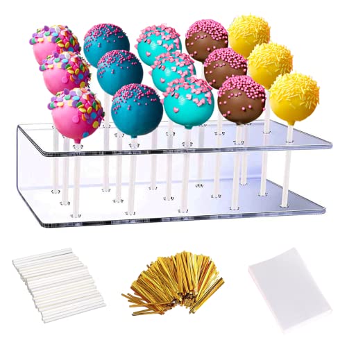 Aongch Cake Pop Display Stand with 300 PCS Cake Pop Sticks and Wrappers Kit, 15 Hole Clear Acrylic Lollipop Holder for Weddings Baby Showers Birthday Parties Anniversaries Halloween Candy Decorative