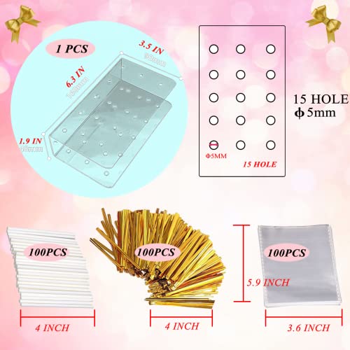 Aongch Cake Pop Display Stand with 300 PCS Cake Pop Sticks and Wrappers Kit, 15 Hole Clear Acrylic Lollipop Holder for Weddings Baby Showers Birthday Parties Anniversaries Halloween Candy Decorative