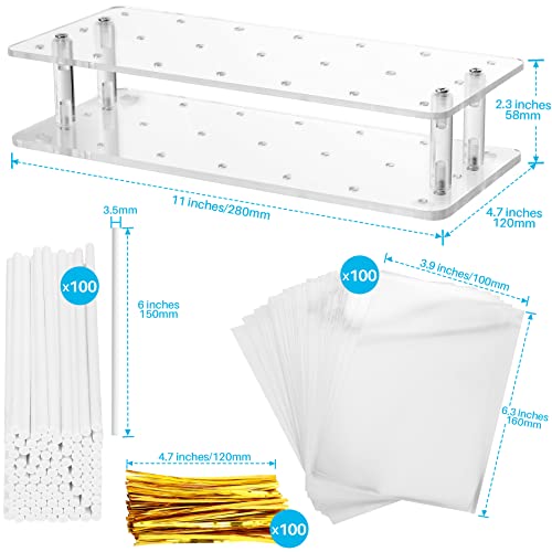 Goabroa Cake Pop Display Stand with 100 PCS Cake Pop Sticks and 100 PCS Wrappers Kit, 21 Holders Clear Acrylic Cakepop Making Accessories for Weddings Baby Showers Halloween