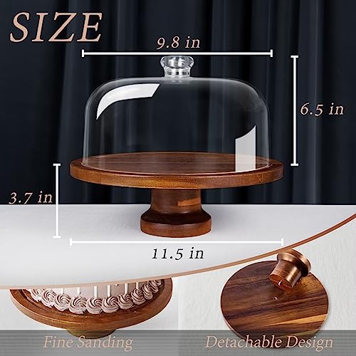 Cake Stand with Dome, Footed Detachable Acacia Wood Cake Plate and Acrylic Lid, Cake Display Server Tray for Birthday Kitchen Party Baking Gifts
