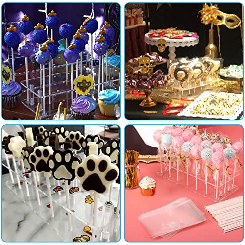 Goabroa Cake Pop Display Stand with 100 PCS Cake Pop Sticks and 100 PCS Wrappers Kit, 21 Holders Clear Acrylic Cakepop Making Accessories for Weddings Baby Showers Halloween