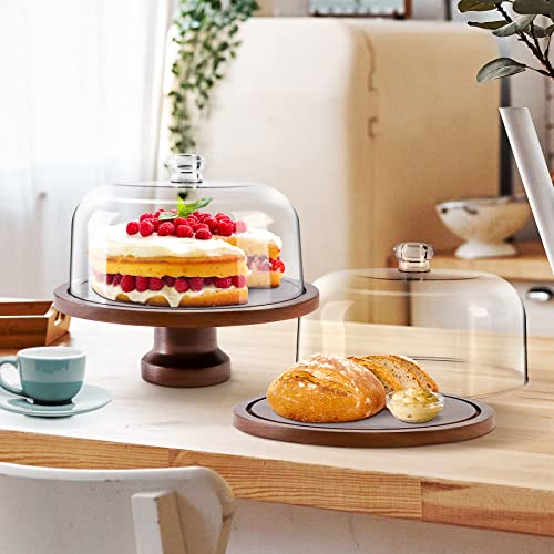 Cake Stand with Dome, Footed Detachable Acacia Wood Cake Plate and Acrylic Lid, Cake Display Server Tray for Birthday Kitchen Party Baking Gifts