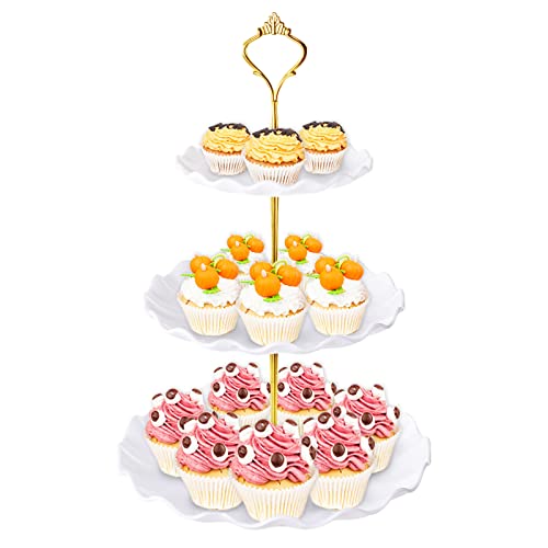 3 Tier Cupcake Stand Holder, BACUTHY Plastic Cup Cake Stand Towel with Tiered Serving Tray for Cupcakes, Donuts, Fruits and More, White