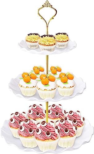 3 Tier Cupcake Stand Holder, BACUTHY Plastic Cup Cake Stand Towel with Tiered Serving Tray for Cupcakes, Donuts, Fruits and More, White