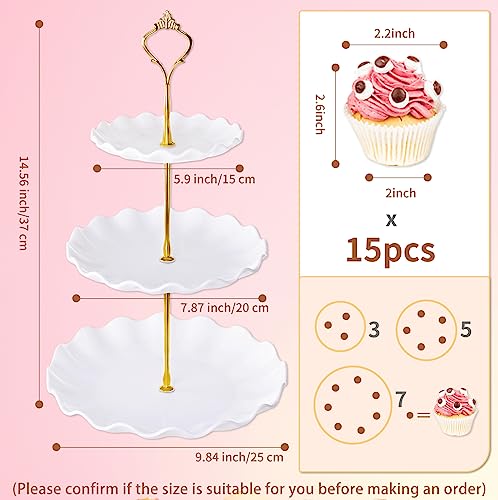 3 Tier Cupcake Stand Holder, BACUTHY Plastic Cup Cake Stand Towel with Tiered Serving Tray for Cupcakes, Donuts, Fruits and More, White