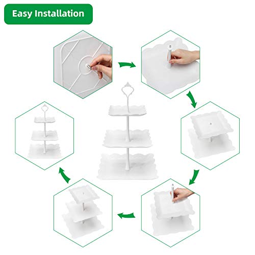 Coitak 3 Tier Cupcake Stand, Plastic Tiered Serving Stand, Square Dessert Tray for Tea Party, Baby Shower and Wedding (Pure White)