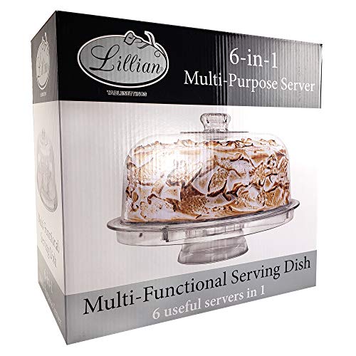 Lillian Tablesettings Cake Stand with Dome Cover, 6-in-1 Multi-Purpose Use, Serving Platter, Punch Bowl, Desert Platter and More, BPA Free, Clear (60220)